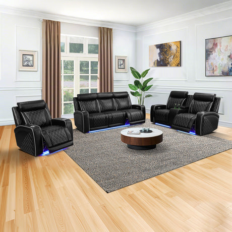 Breathing Leather Power Recliner Sofa Set Living Room Furniture Reclining Couch with LED Light/Cup Holder/USB Ports for Home Theater (3 Piece Leather Couch, Black) Plithzy