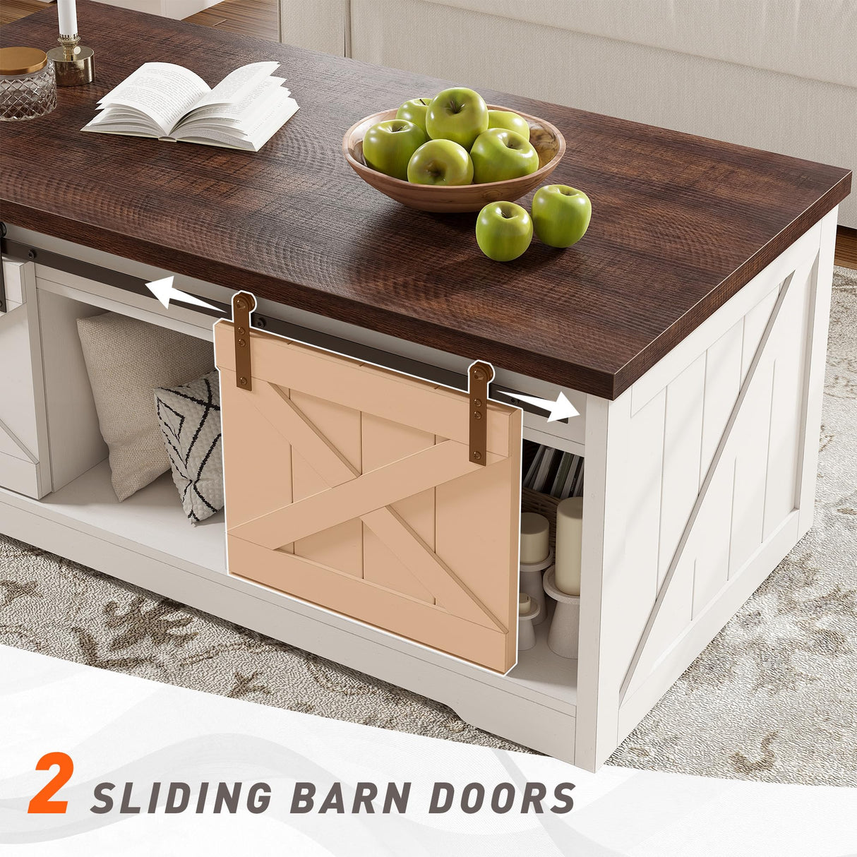 EnHomee Farmhouse Lift Top Coffee Table with Sliding Barn Door 48" W Large Coffee Tables for Living Room, Wood Center Table with Hidden Storage Compartment, Antique White EnHomee