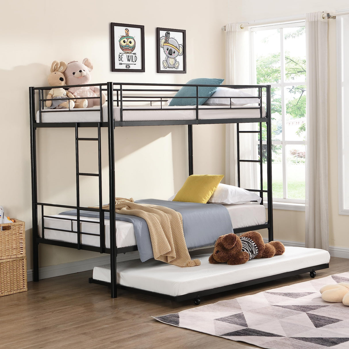 EMKK Twin Over Twin Bunk Bed with Trundle,Metal Triple Bunk Beds w/Two Side Ladders & Safety Guard Rail,3 in 1 Bunk Beds for Kids Teens, No Box Spring Needed Metal Bunkbed,Can be Divided Into Two Beds EMKK