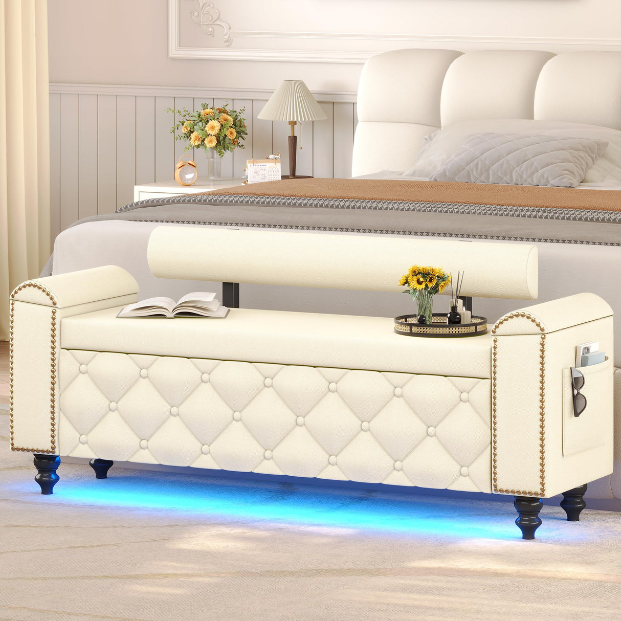 BYSAUD 51" Storage Bench, End of Bed Bench with LED Lights & Curved Arm, Upholstered Ottoman Bench with Storage, Bedroom Bench with Tufted Button & Nailhead Trim for Living Room Entryway, Beige BYSAUD