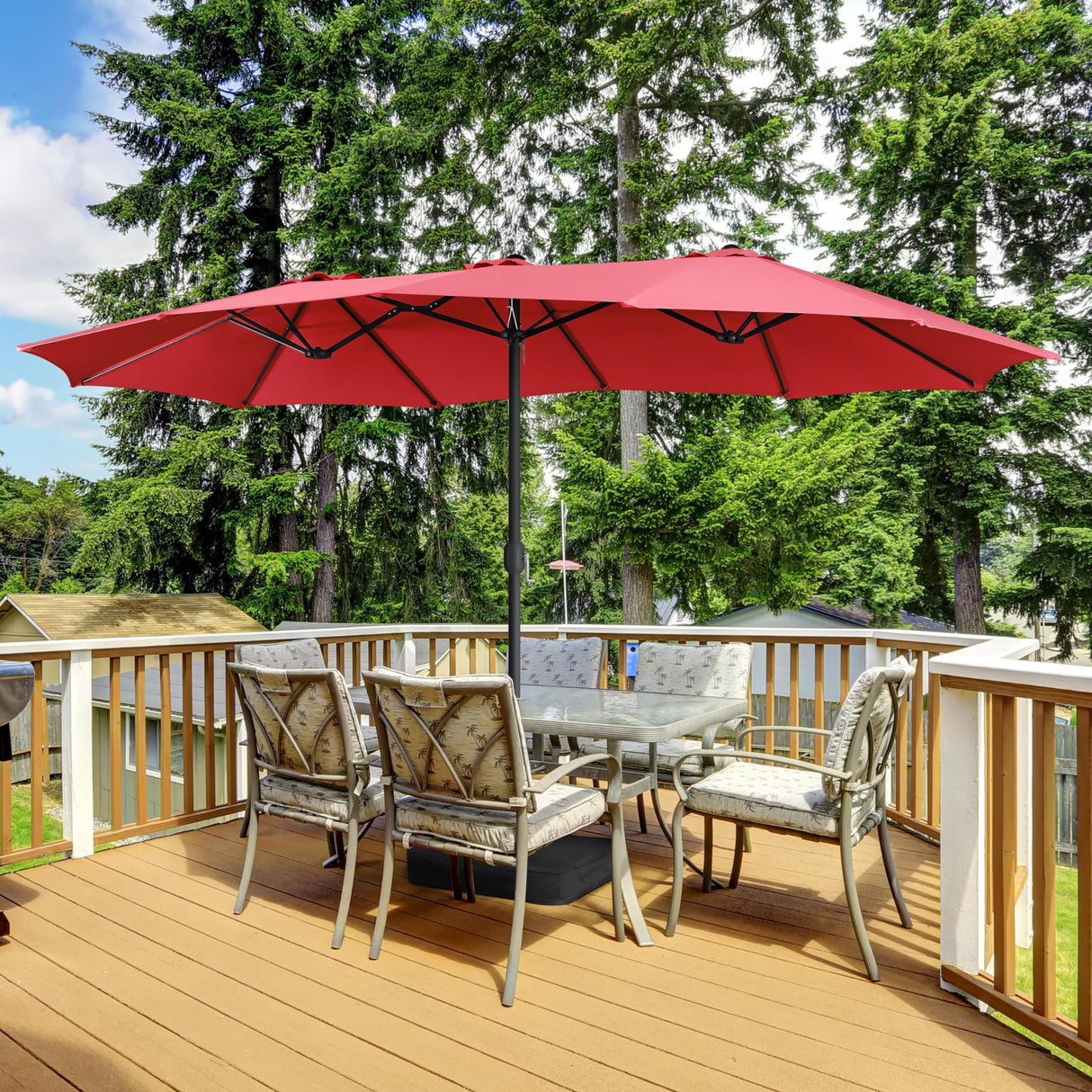 Yaheetech 15 ft Triple-size Patio Umbrella w/Base Included - Market Extra-Large Double Sided Umbrella - Twin-size Patio Parasol w/Easy Crank & 12 Strong Ribs & Ventilation Openings, Red Yaheetech
