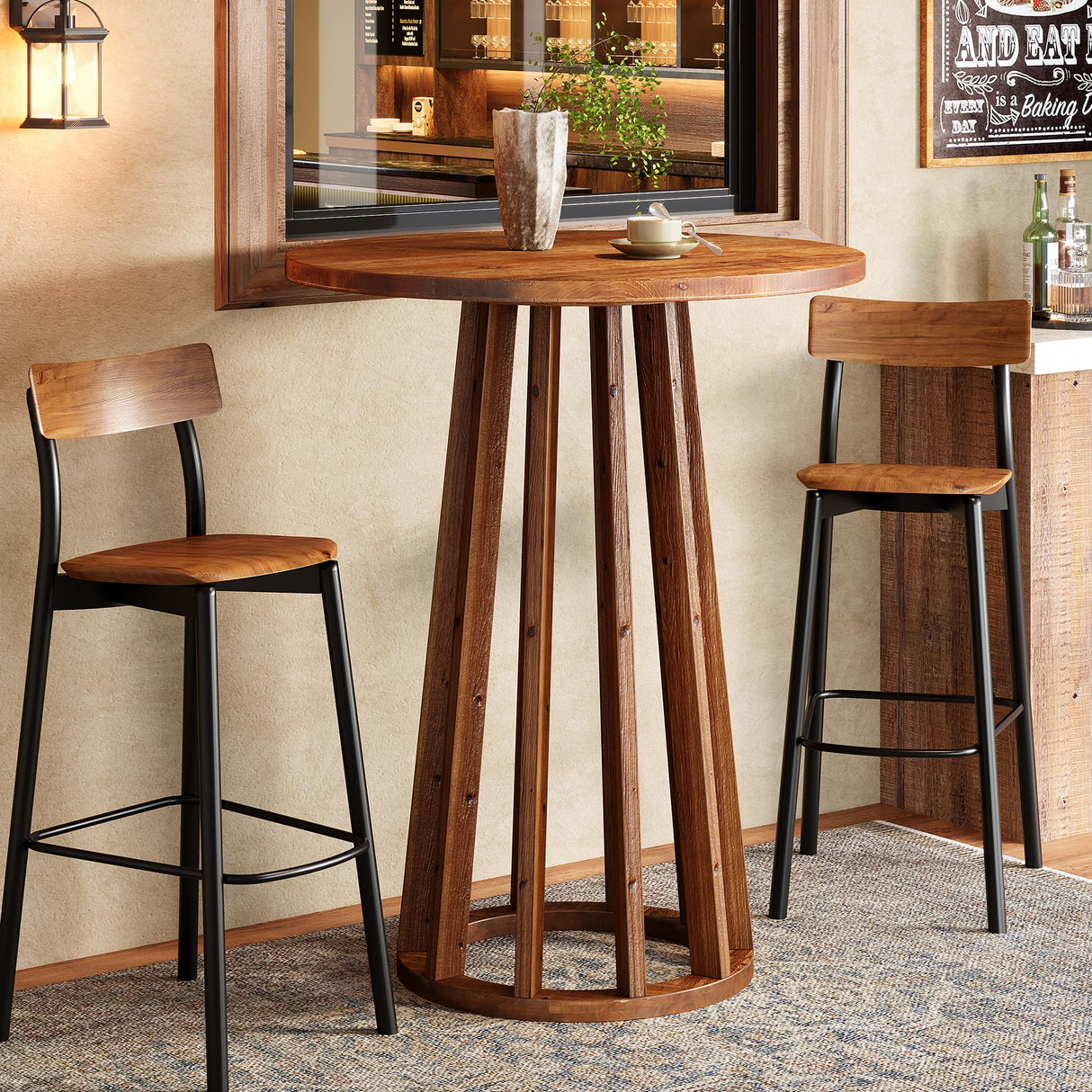 LITTLE TREE Round Bar Table, 37.6 inch H Farmhouse Wooden Bistro Pub Table with Solid Wood Legs, Small Pub Cocktail Tables for Dining, Cafe, Living Room, Apartment, Balcony LITTLE TREE