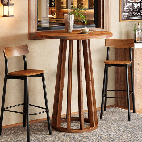 LITTLE TREE Round Bar Table, 37.6 inch H Farmhouse Wooden Bistro Pub Table with Solid Wood Legs, Small Pub Cocktail Tables for Dining, Cafe, Living Room, Apartment, Balcony LITTLE TREE