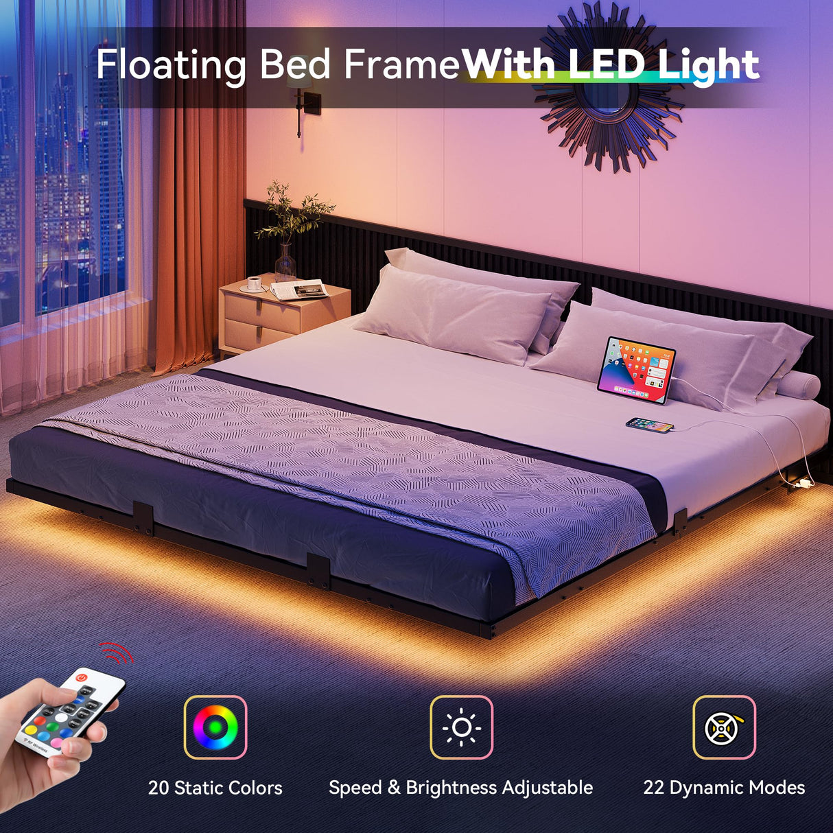 DWVO King Size Floating Bed Frame with LED Lights and Charging Station – Sturdy Metal Platform Design, No Box Spring Needed DWVO