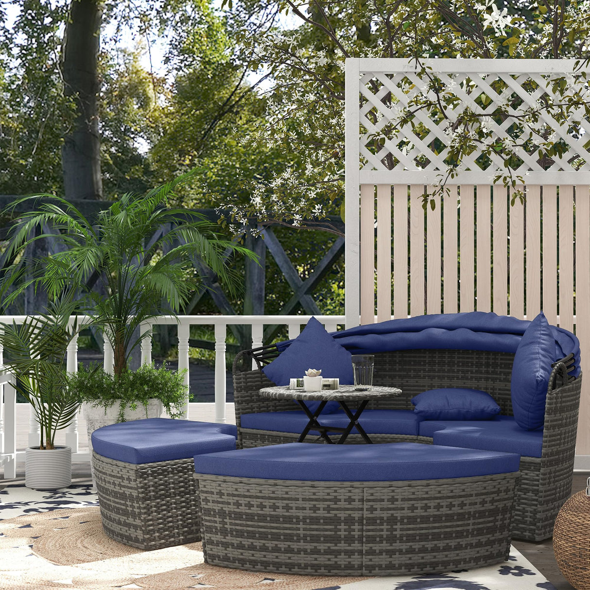 Outsunny 4 Piece Round Rattan Daybed, Convertible Patio Furniture Set, Adjustable Sun Canopy, Sectional Outdoor Sofa, 2 Chairs, Extending Tea Table Ottoman Chair, 3 Pillows, Dark Blue Outsunny