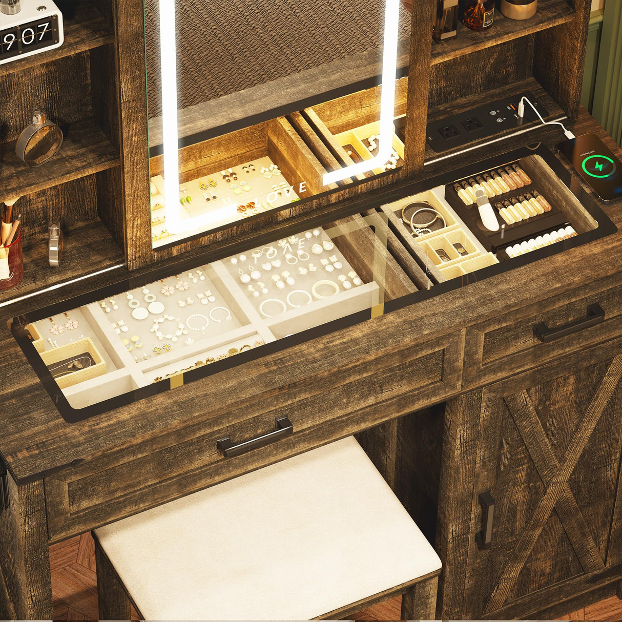 Farmhouse 3 in 1 Vanity Desk Mirror with Lights with Charging Station,Glass Top Vanity Table with Drawers&Shelves,Rustic Big Makeup Desk for Bedroom/Cloakroom,Stool Included, Dark Oak TAGELIER