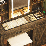 Farmhouse 3 in 1 Vanity Desk Mirror with Lights with Charging Station,Glass Top Vanity Table with Drawers&Shelves,Rustic Big Makeup Desk for Bedroom/Cloakroom,Stool Included, Dark Oak TAGELIER