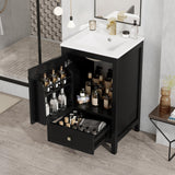 20" Bathroom Vanities with Ceramic Sink, Storage Rack Shelf and One Drawer, Solid Wood & MDF Board, Black Merax