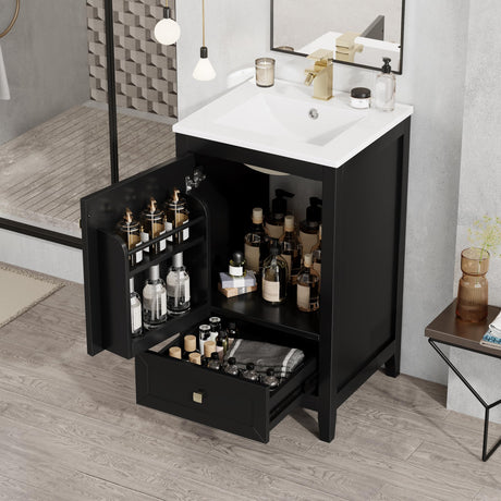 20" Bathroom Vanities with Ceramic Sink, Storage Rack Shelf and One Drawer, Solid Wood & MDF Board, Black Merax