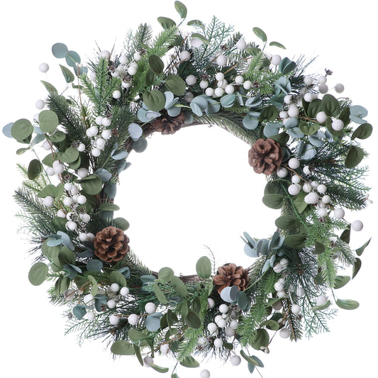 20 Inches Christmas Wreaths for Front Door Artificial Christmas Door Wreath Winter Wreaths with White Berries Pine Needles Pine Cones for Farmhouse Indoor Outdoor Window Porch Decoration