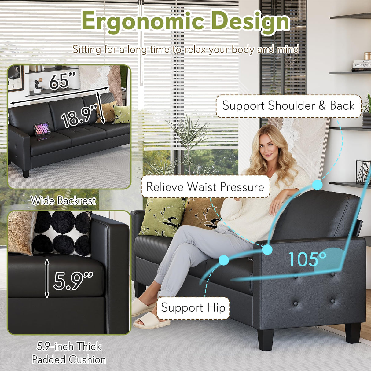 STHOUYN 73” Black Faux Leather Sofa Couch, Modern Comfy Office 3 Seater Couch Loveseat with USB and Tufted Armrest, Small Love Seat Couches for Living Room, Bedroom, Apartment STHOUYN