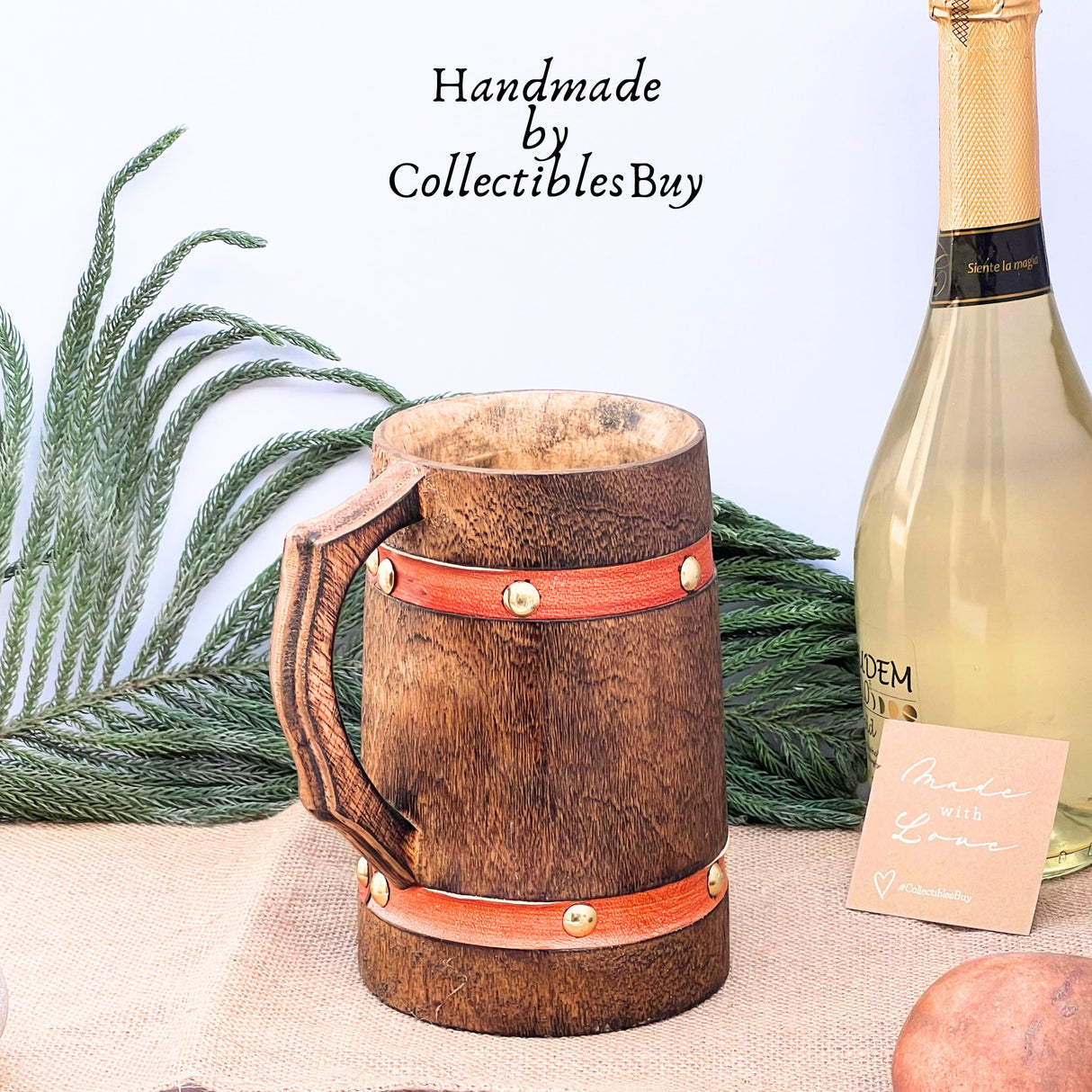 collectiblesBuy Handmade Wooden Tankard Mug Drinking Beer Coffee Tea Stein Rustic Knitted Orange Leather Strap Wooden Beverages Home & Table Decor collectiblesBuy