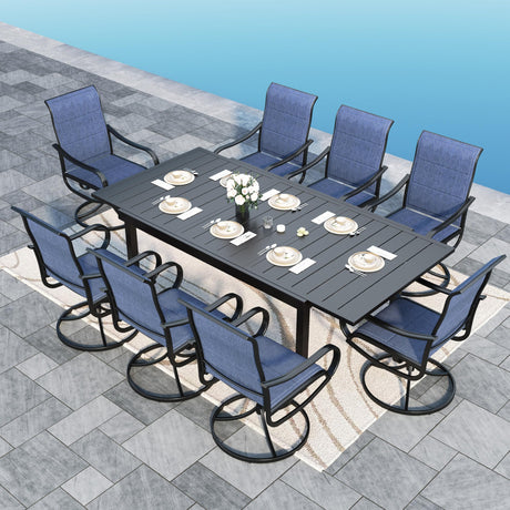 Sophia & William Outdoor Patio Dining Set 9 Pieces, 8 x Textilene Swivel Patio Chairs with Padded and 1 Extendable Dining Table for 6-8, Outdoor Table and Chair Set for Lawn Garden (Blue) Sophia & William