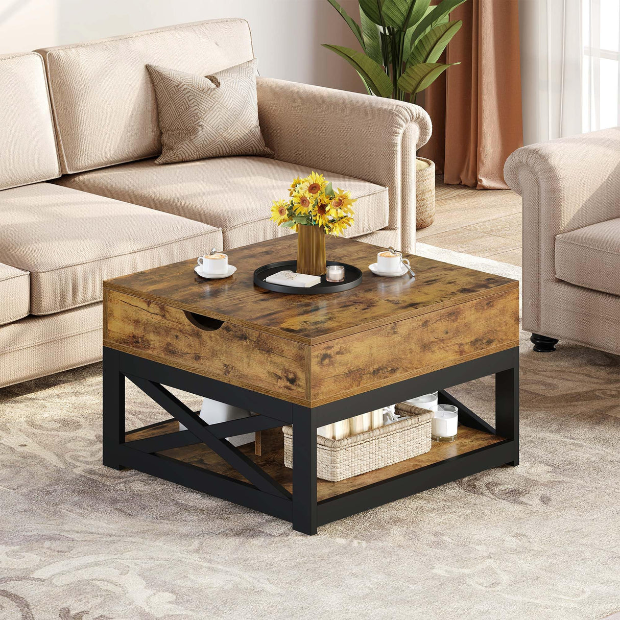 YITAHOME Lift Top Coffee Table with Storage, Farmhouse Coffee Tables for Living Room, Square Coffee Table with Lifting Top Wooden Coffee Tables Center Cocktail Table, Rustic Brown YITAHOME