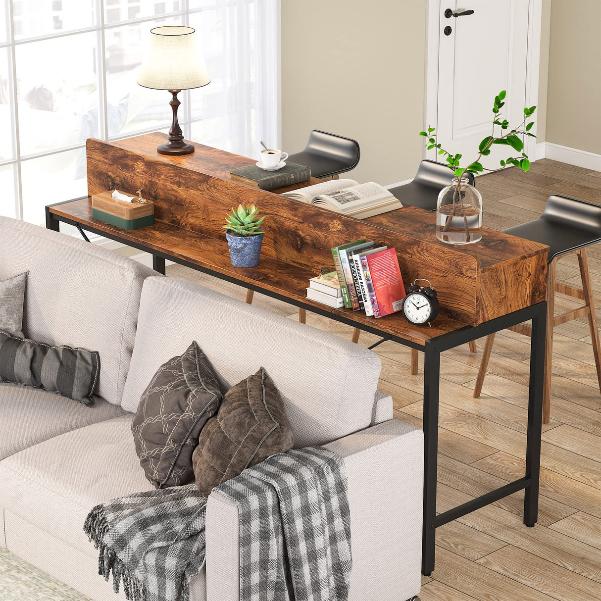 Tribesigns 70.9 Inch Rustic Brown Extra Long Sofa Table with Open Shelves and Storage Tribesigns