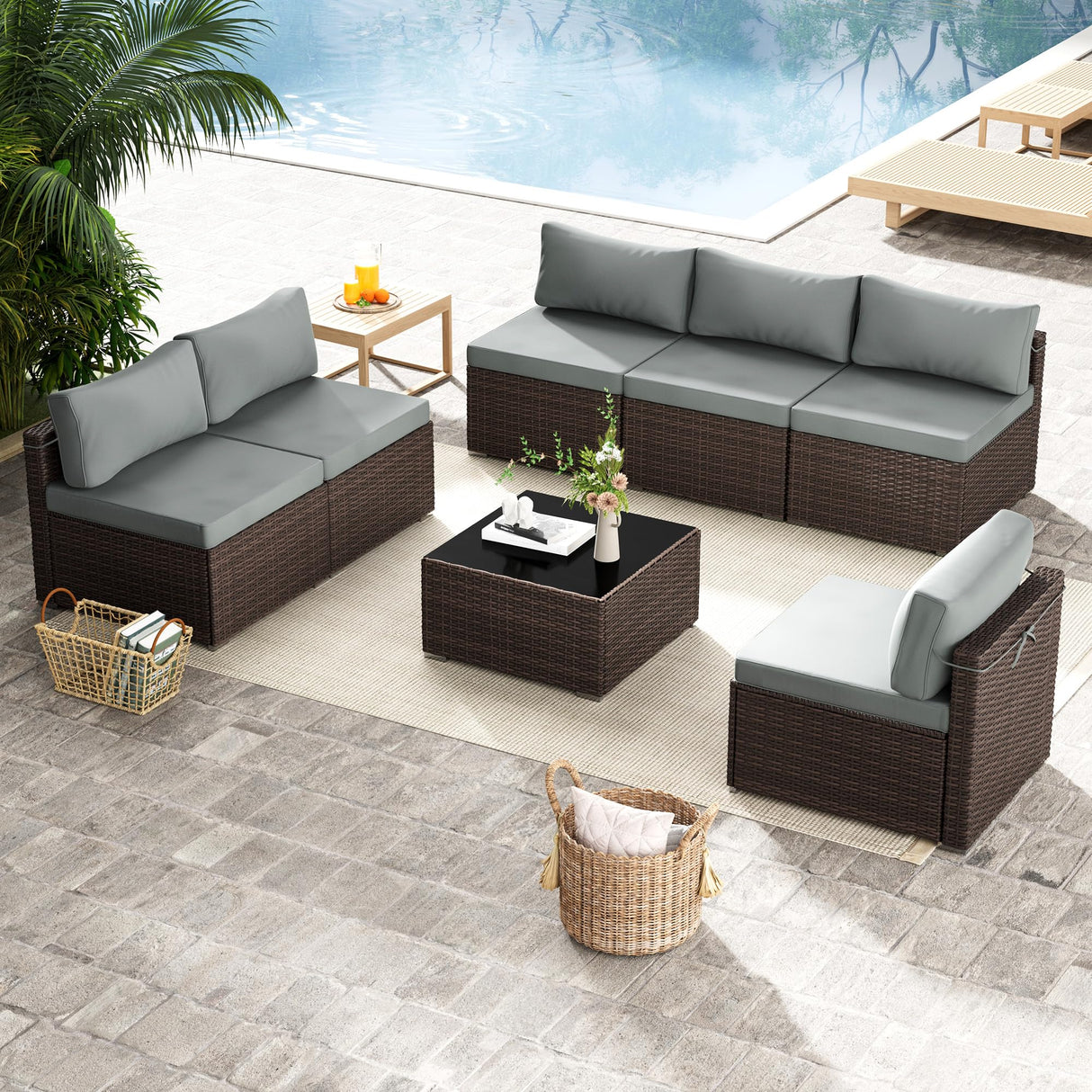 7 Piece Patio Furniture Set, Outdoor Wicker Patio Sofa Set, PE Rattan Sectional Couch with Glass Table and Grey Cushions, All-Weather 7 Piece Outdoor Patio Furniture Sets, Brown Tradare