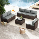 7 Piece Patio Furniture Set, Outdoor Wicker Patio Sofa Set, PE Rattan Sectional Couch with Glass Table and Grey Cushions, All-Weather 7 Piece Outdoor Patio Furniture Sets, Brown Tradare