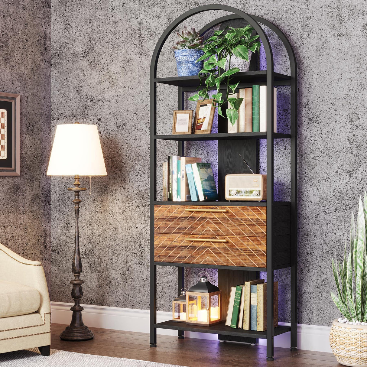 Tribesigns Industrial 4-Tier Bookshelf with 2 Drawers and LED Light Tribesigns