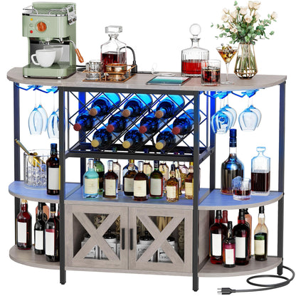 YITAHOME Bar Table Cabinet with Power Outlet, LED Home Mini Coffee Bar Cabinet for Liquor, Metal Wine Cabinet Bar Stand with 4-Tier Storage and 2 Doors, Wash Grey