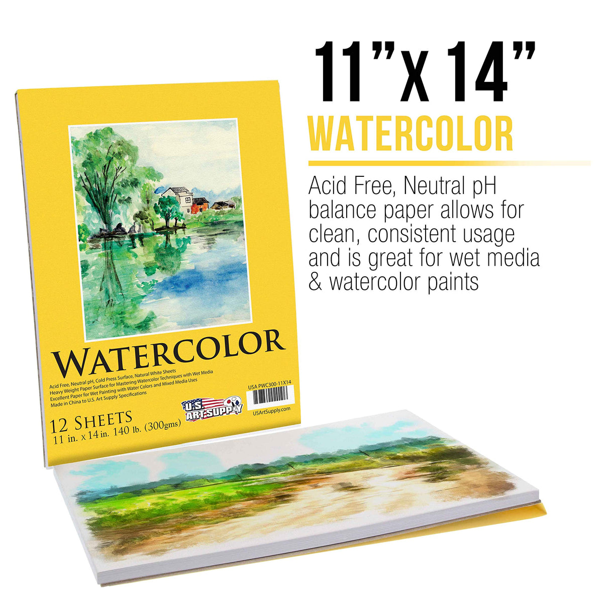 U.S. Art Supply 11" x 14" Premium Heavyweight Watercolor Painting Paper Pad, Pack of 2, 12 Sheets Each, 140 Pound (300gsm) - Cold Pressed, Acid-Free, Wet, Dry & Mixed Media - Artists, Students, Adults U.S. Art Supply