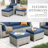 WAROOM Patio Furniture Set 6 Piece Outdoor Patio Set Grey Wicker Balcony Furniture Conversation Sets PE Rattan Couch Sofa with Fire Pit Table, Blue Cushion WAROOM
