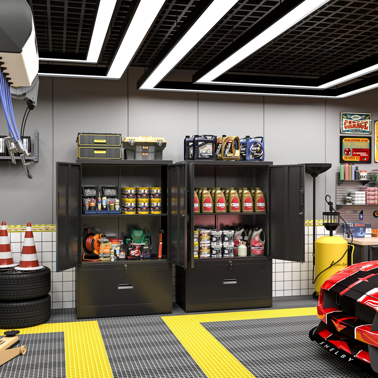 Greenvelly Metal Storage Cabinet with Drawer,Black Metal File Cabinet with Lockable Doors and Drawer for Home Office,Hanging Files Letter/F4/A4 Size Greenvelly