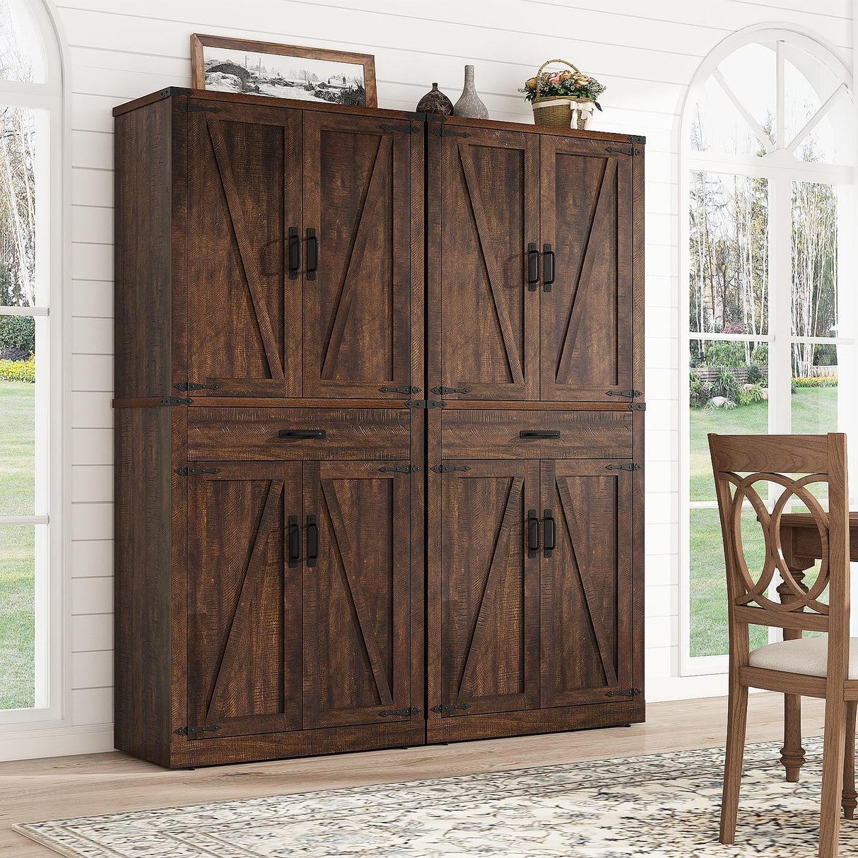 Hlivelood 72" Tall Farmhouse Kitchen Pantry Cabinet with Drawer, Rustic Wood Cupboard Storage Cabinet w/Organizer and 4 Barn Doors, Storage Cabinet for Kitchen, Dining Room, Living Room, Brown Hlivelood