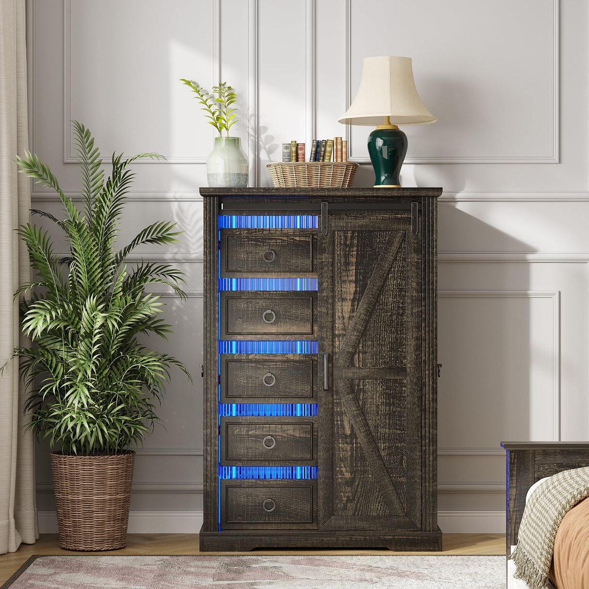 Farmhouse Dresser for Bedroom w/Sliding Barn Door, 5 Drawers Wood Dresser with LED Lights, Chest of Drawers Tall Dressers for Bedroom, Living Room, Hallway, Kids Room, Antique White TAGELIER