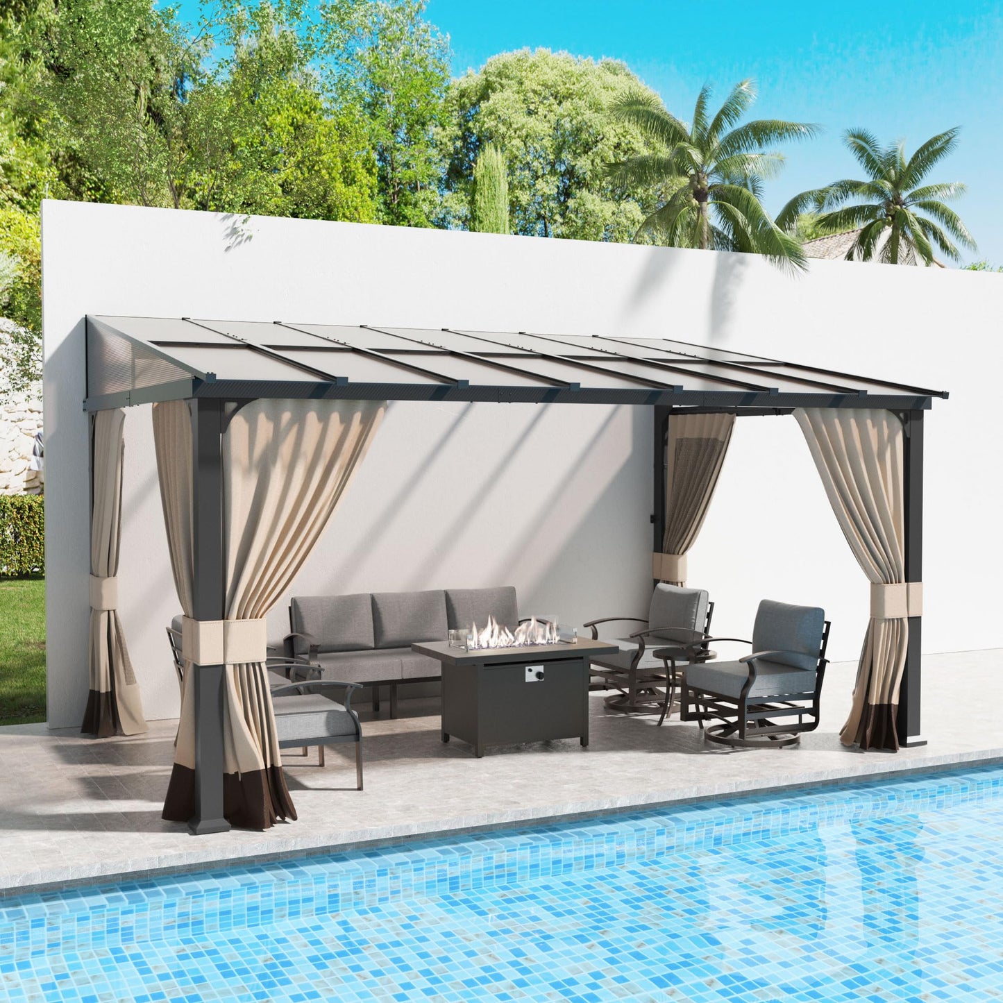 10' x 14' Hardtop Gazebo for Patio,Gazebo Pergola with Sloping Polycarbonate Pitched Roof,Durable Aluminum Frame & Netting Curtain,Large Wall-Mounted Heavy Duty Awnings for Patio,Decks,Backyard,Sand