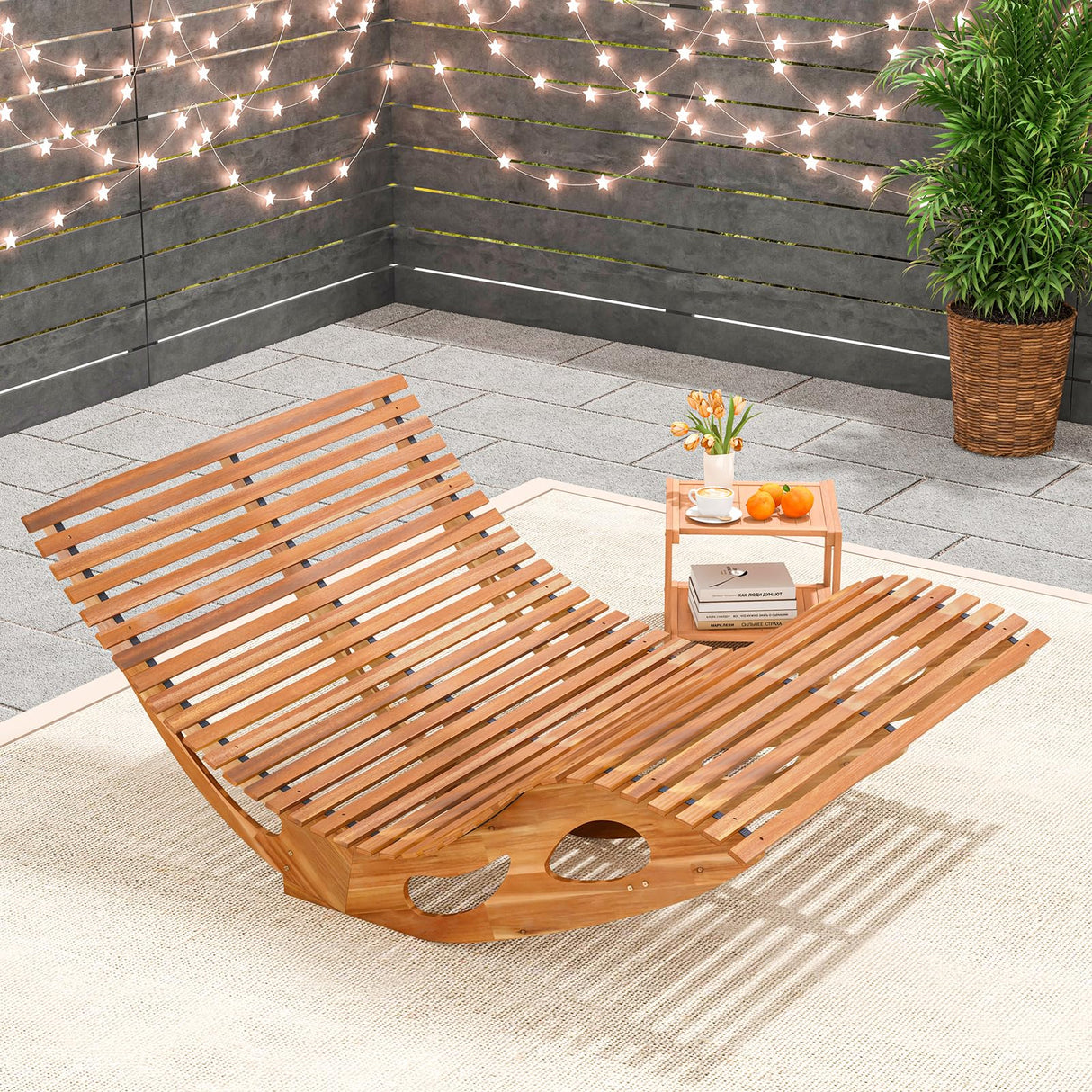 HAPPYGRILL Outdoor Acacia Wood Double Chaise Lounge, Rocking Chair with High Back, Slatted Seat, Stopper, Outside Wood Rocker for 2, 440 Lbs Capacity Sun Lounger Loveseat HAPPYGRILL
