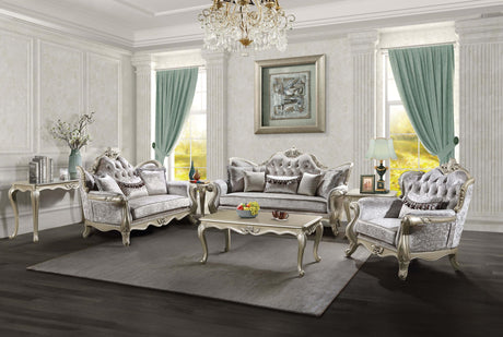 Acme Libertee Upholstered Loveseat with 3 Pillows in Beige and Champagne Acme