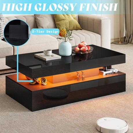 AMERLIFE High Gloss 3 Pieces Living Room Table Set, Modern LED Coffee Table Sets of 3, 2-Tier Center Table with 2 End Side Tables, LED Lights Bedside Table Nightstands with Charging Station, Black AMERLIFE