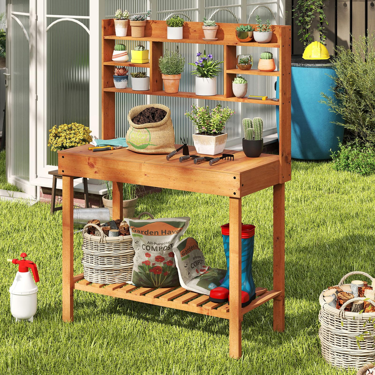 Happygrill Wooden Potting Bench Table, 61" Garden Planting Workstation w/ 3-Tier Open Shelf, Flip-up Tabletop, Bottom Storage Rack, Indoor Outdoor Flower Pot Bench for Backyard, Balcony, Lawn HAPPYGRILL