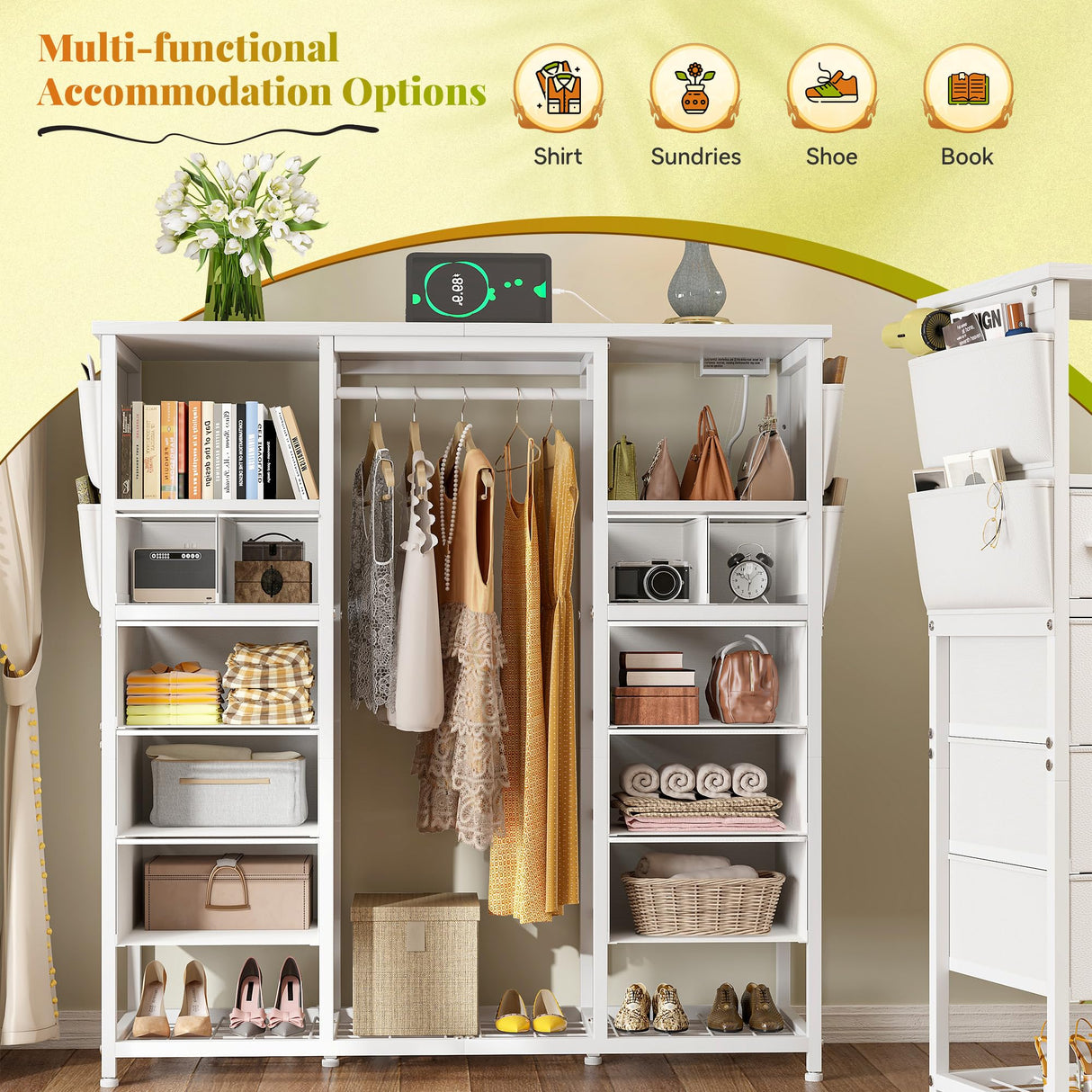 Romorgniz White Dressers for Bedroom with Hanging Rack, 10 Drawers Dresser with LED Lights & Charging Station, Chest of Drawers & Wooden Top, Bedroom, 15.8" D x 47.3" W x 51.2" H Romorgniz