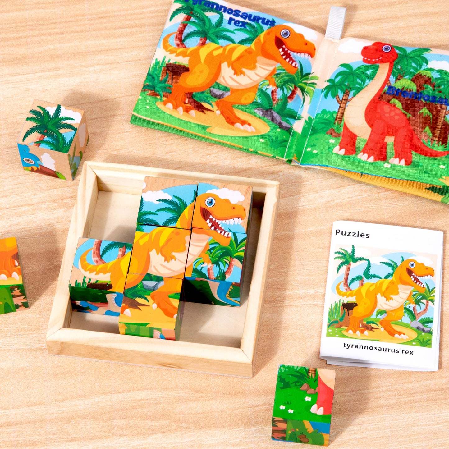 Wooden Dinosaur Block Puzzles for Kids Ages 3-5 with Baby Book, Jigsaw Puzzles Preschool Educational Interactive Toys Gift for Boys Girls, Wood Dino Cube Puzzles for Toddlers 2 3 4 5 6 Years Old