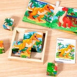 Wooden Dinosaur Block Puzzles for Kids Ages 3-5 with Baby Book, Jigsaw Puzzles Preschool Educational Interactive Toys Gift for Boys Girls, Wood Dino Cube Puzzles for Toddlers 2 3 4 5 6 Years Old PLUSYARD
