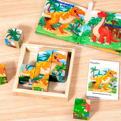 Wooden Dinosaur Block Puzzles for Kids Ages 3-5 with Baby Book, Jigsaw Puzzles Preschool Educational Interactive Toys Gift for Boys Girls, Wood Dino Cube Puzzles for Toddlers 2 3 4 5 6 Years Old