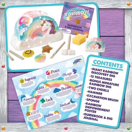 MindWare Dig It Up! Rainbow Shaped Discovery for Girls - Kit Includes 13 Charms for Find, 2 Chiseling Tools, Hammer, Excavation Brush, Sponge, Poster and Guidebook - Ages 4 and Up MindWare