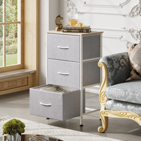 WLIVE Nightstand with 3 Drawers, Fabric Dresser, Organizer Unit, Storage Dresser for Bedroom, Hallway, Entryway, Closets, Sturdy Steel Frame, Wood Top, Easy Pull Handle, Light Grey WLIVE