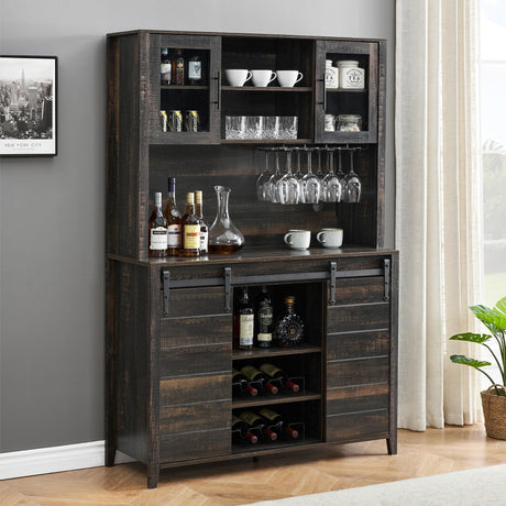 IDEALHOUSE Farmhouse Coffee Bar Cabinet with Sliding Barn Doors, 70'' Kitchen Hutch Cabinet with Storage, Wine&Glasses Rack, Tall Sideboard Buffet Cabinet for Kitchen, Dining Room, Oak IDEALHOUSE
