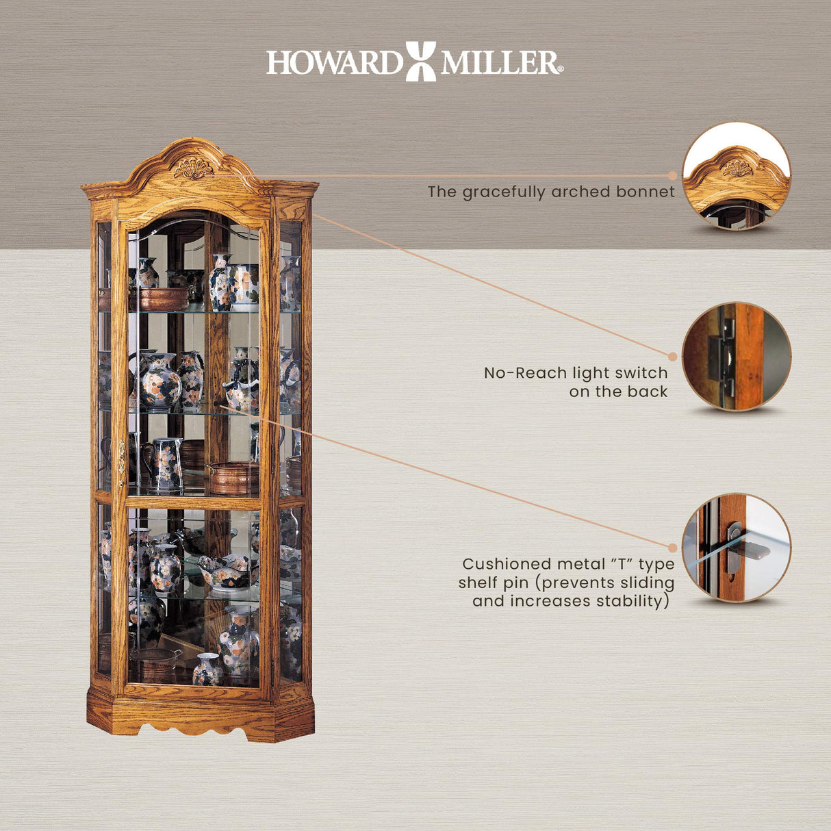 Howard Miller Wilshire Curio Cabinet, Golden Oak Finish with Lights Storage Cabinet - Adjustable Glass Shelves, Level Display Cases for Decorative Items, Collectibles, Living Room & Office Howard Miller