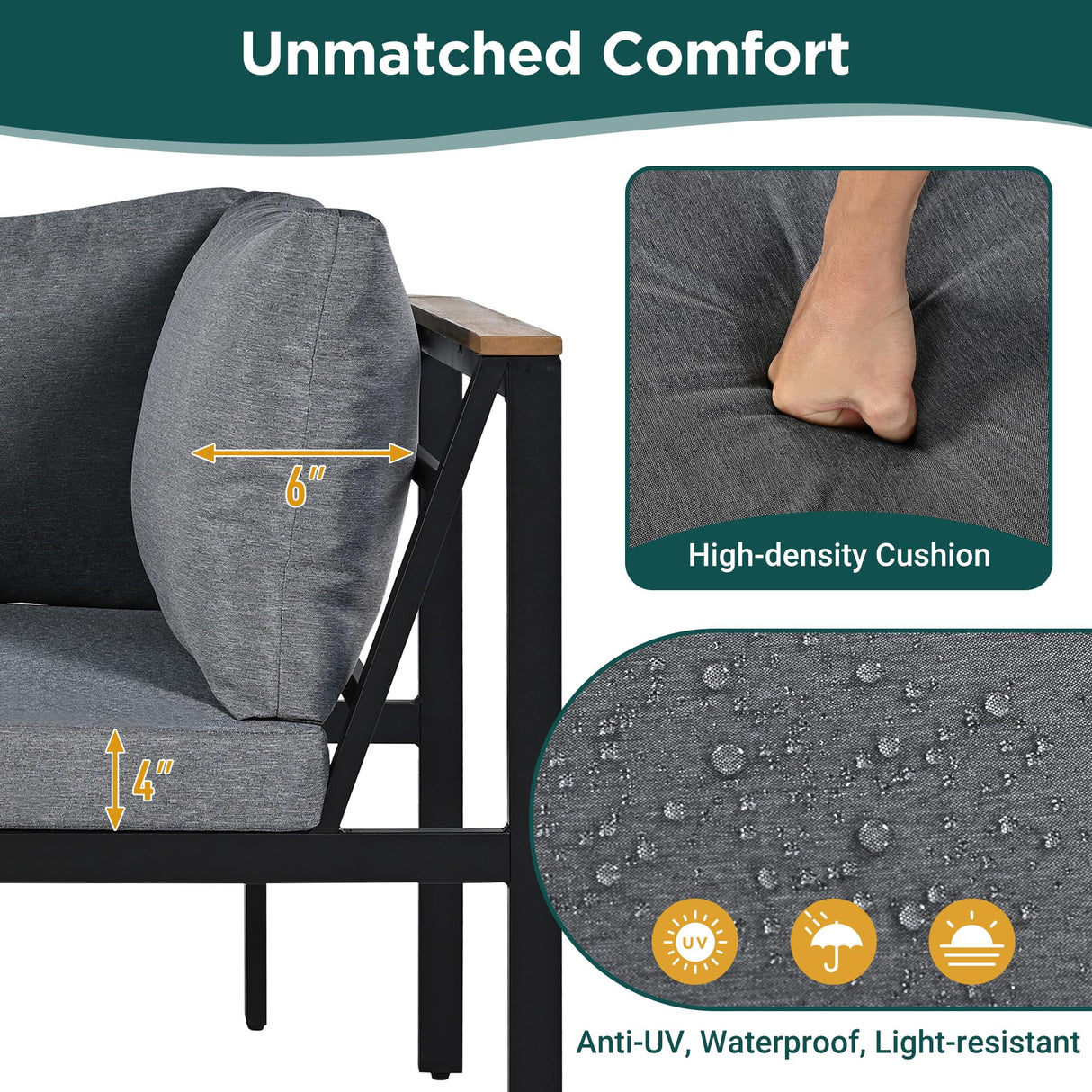 Merax Patio Furniture Set with Coffee Table & Loveseats, 4 Pieces Iron-Wood Design Outdoor Sectional Sofa, L-Shaped Conversation Set with Waterproof Cushions for Garden, Backyard, Poolside, Gray Merax