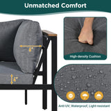 Merax Patio Furniture Set with Coffee Table & Loveseats, 4 Pieces Iron-Wood Design Outdoor Sectional Sofa, L-Shaped Conversation Set with Waterproof Cushions for Garden, Backyard, Poolside, Gray Merax