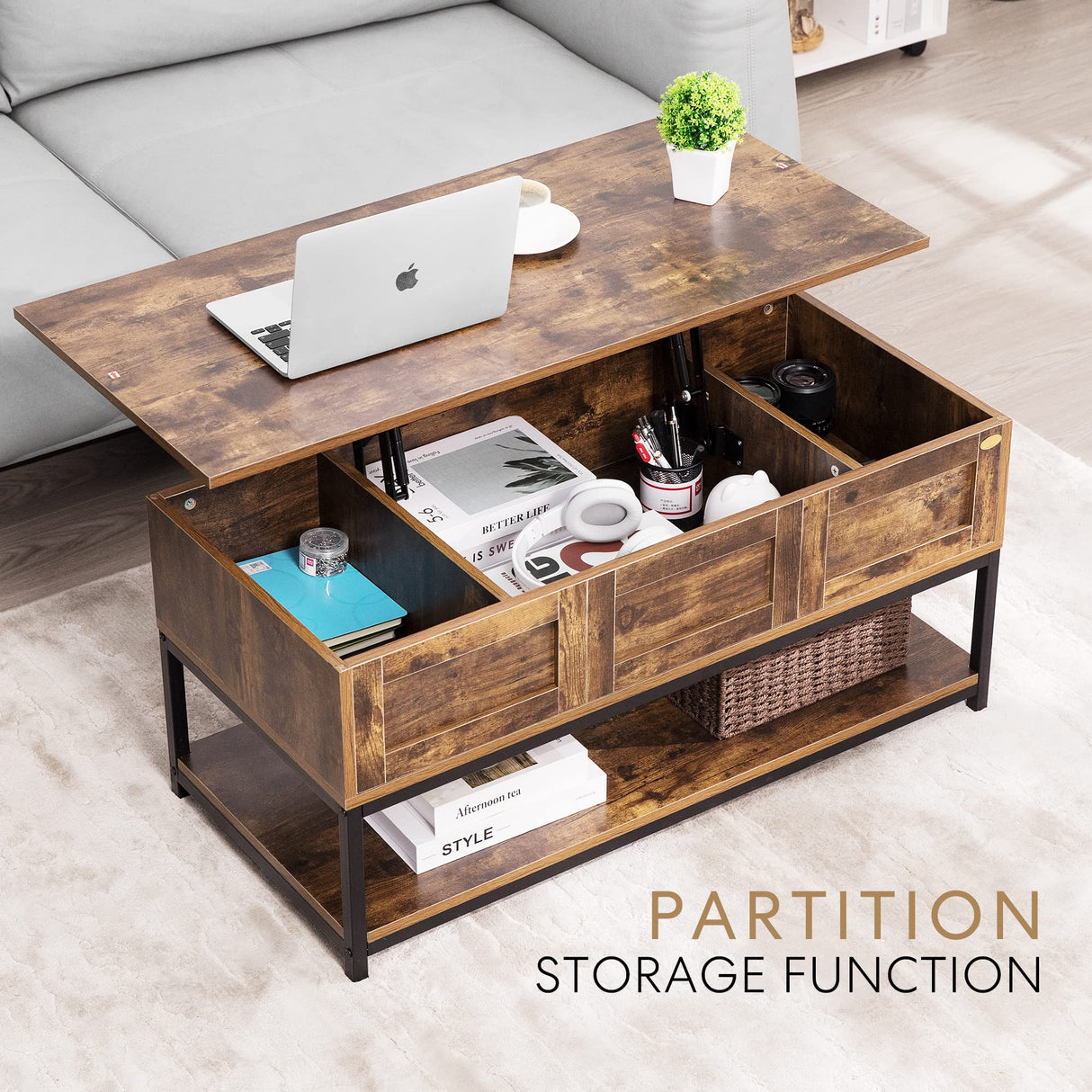 VIVOHOME Lift Top Coffee Table with Steel Frame, Dining Table with Open Storage and Hidden Compartment, Suitable for Living Room, Office, Small Apartment, Rustic Brown VIVOHOME
