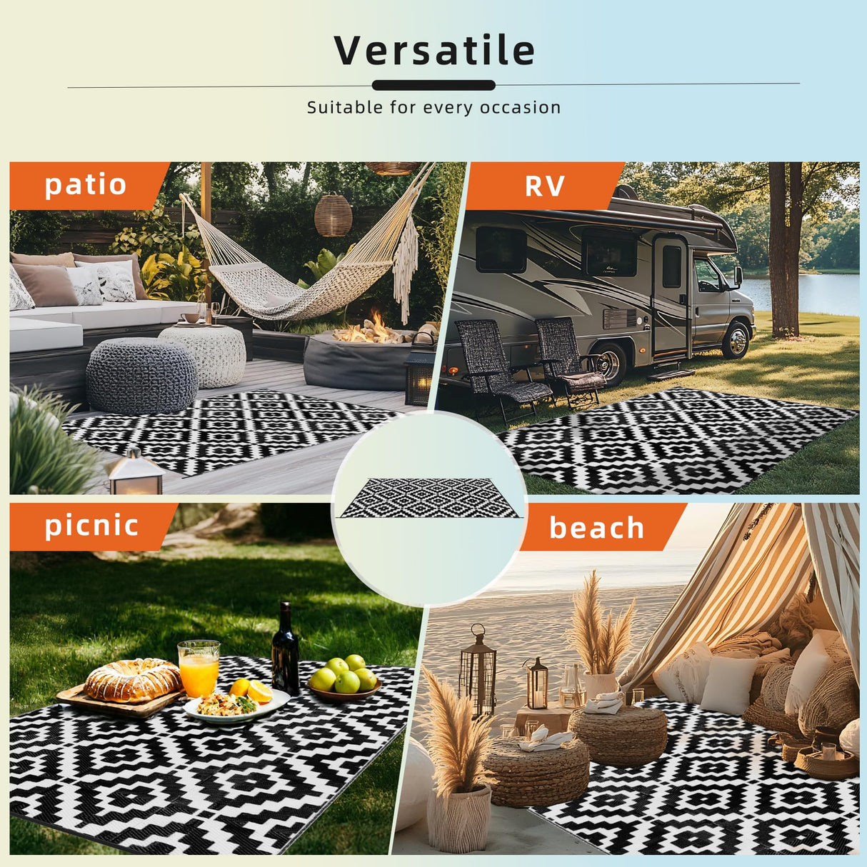 Favoyard Outdoor Rug 5x8 ft Waterproof Reversible Patio Plastic Straw Rugs for Decor Clearance Outside Large RV Camping Area Carpet Mat for Porch Deck Balcony Pool Backyard Picnic Beach Camper Door Favoyard