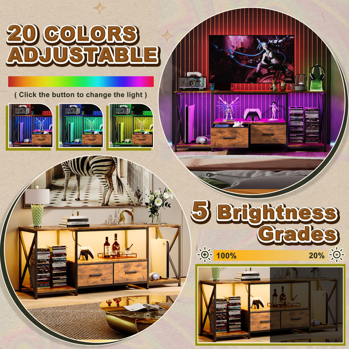 EKNKOZY Dresser TV Stand with Power Outlets & LED Lights, Up to 65 Inches Dresser TV Stand with 2 Large Dresser Drawers, Bedroom Dresser with 3 Open Storage Shelf (Rustic Brown, 55 INCH) EKNKOZY