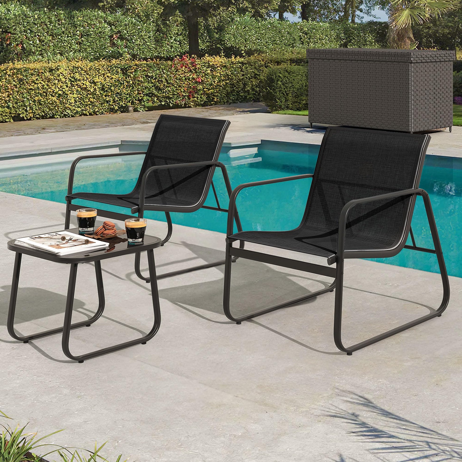 YITAHOME 3 Piece Patio Furniture Set with Bistro Chairs and Glass Table, Textilene Fabric Outdoor Conversation Furniture Set for Backyard Lawn Garden Balcony Poolside (Black) - WoodArtSupply