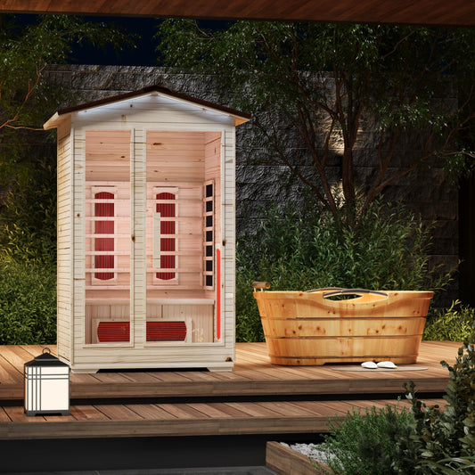 BNEHS Outdoor Sauna 2 Person,Full Spectrum Infrared Sauna,Home Sauna with 10 Minutes Warm Up Heating Tubes & Panels,Personal Wooden Sauna Room with Bluetooth Speaker,2050Watt - WoodArtSupply