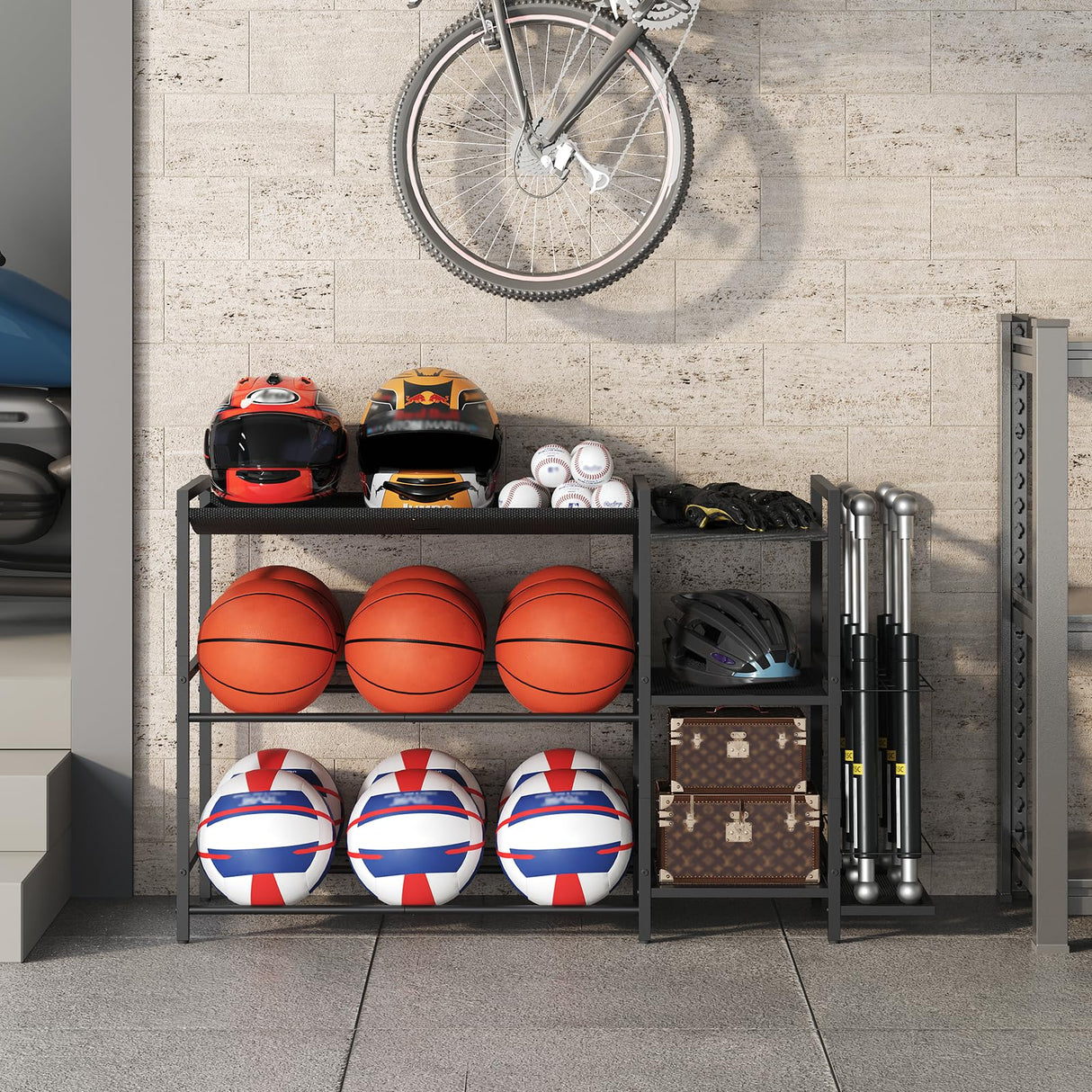 MAHANCRIS Sports Equipment Organizer, 3 Tier Ball Storage Rack with Baseball Bat Holder, Indoor & Outdoor Basketball Racks for Volleyball, Football, Garage Organizer with Sheleves, Black BEHR17301 MAHANCRIS