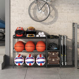 MAHANCRIS Sports Equipment Organizer, 3 Tier Ball Storage Rack with Baseball Bat Holder, Indoor & Outdoor Basketball Racks for Volleyball, Football, Garage Organizer with Sheleves, Black BEHR17301 MAHANCRIS